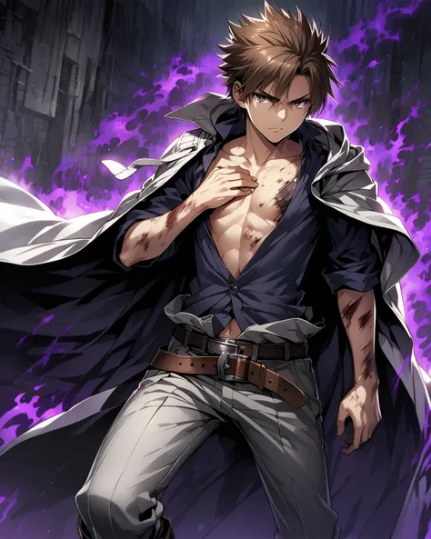 Anime, high detailed, 1 guy, 18 years old guy, mid long brown hair, low spiked hair, serious, serious look, serious, Wearing opened robe (Exposing his chest and abdomen), belt, long pants, boots, wounded on his lef arm, dark  aura around him