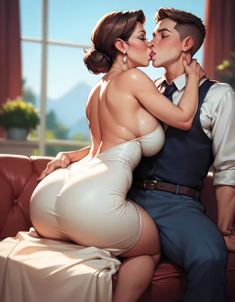 1boy, 1girl, mature female, mother and stepson , mature male, kissing , The mother is sitting, stepson is clinging on mother, white tight dress, from behind, (focus on her hips), Sitting on stepson