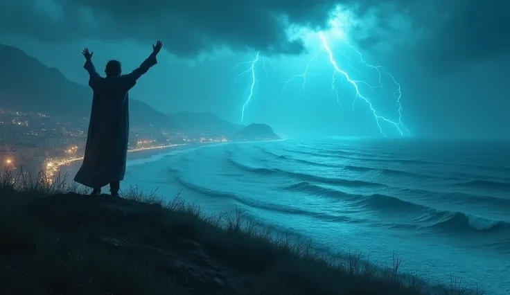 "A lone prophet stands on a hill overlooking a massive city, his arms raised as storm clouds form unnaturally fast. The people below laugh and mock him, oblivious to the giant waves forming on the horizon, an eerie blue glow illuminating the water."