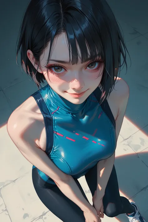 Girl with a close-up chest from above, , black hair, short bob, black eyes, smile blush, blue high neck swimsuit, tights, sneakers, cyberpunk