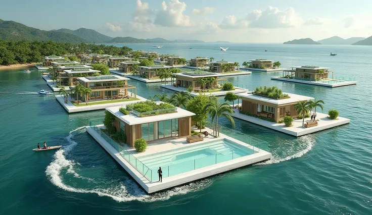 Many of modern contemporary floating houses sit on white rafts, Surrounded by transperancy green glass fences along the edges of rafts, the roofs are covered with solar panels, There are vegetable and herb farms include bananas and coconuts tree. People go...