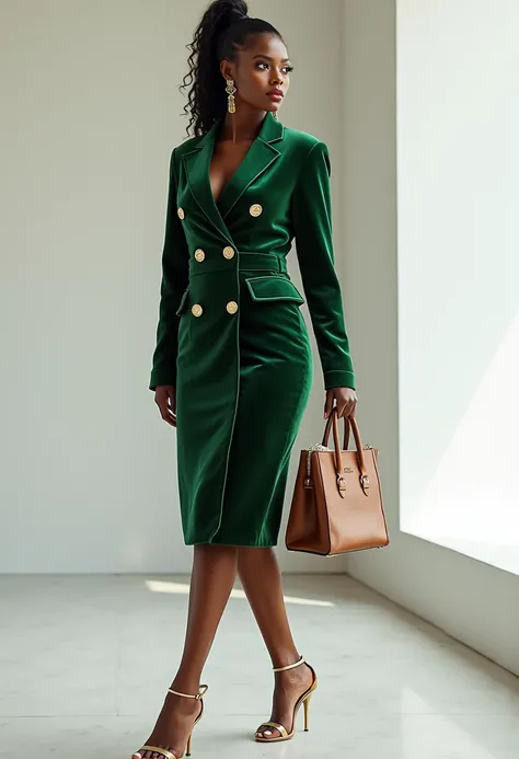 A curvaceous Black woman in a emerald-green velvet blazer dress with a cinched waist and gold button detailing, paired with strappy gold heels. She carries a structured leather tote, her hair in a high ponytail with baby hairs curled into swirls, standing ...