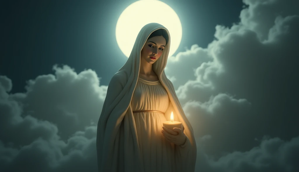 Our lady, mother mary, full moon, candle, clouds, fogg