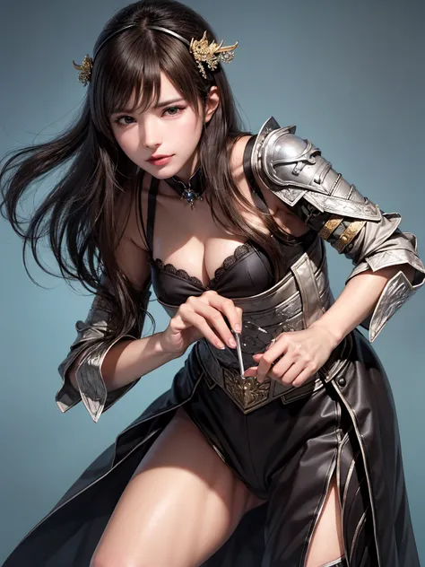 A woman wearing black armor and a black cloak, cowboy shot, 1 person,Cleavage , highly detailed face and skin textures, looking at the camera, perfect beauty : 1.4, fine grain,Double eyelids, Whitening, perfect face,  cute and symmetrical face , shiny skin...