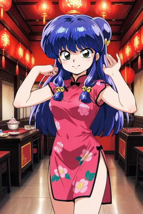 1/2 Ranma's Shampoo-chan, pink floral print Chinese dress, smiling face, background Chinese restaurant