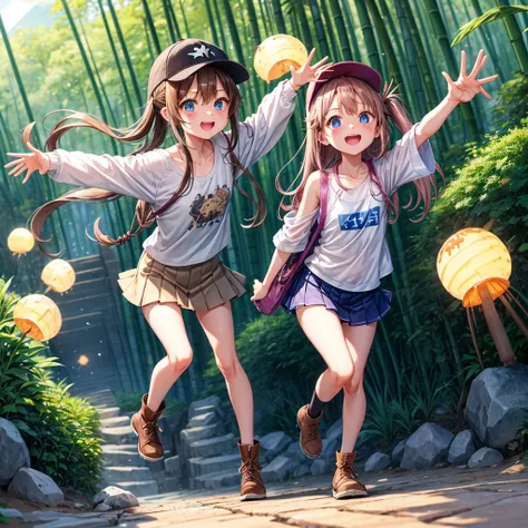  pink brown brown hair、  blue eyes、  Has hair tied  、Two cute people、  check mini skirt、  black t-shirt、 Light clothing、  tank top、  camisole、 high socks、 Boots、Teeth are visible、The stone is cracked、  The Road Is Crooked 、Mountain々、fog、 moon、  shooting st...