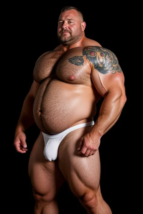 ( black background:1.5)。 strong and fat middle-aged male bodybuilder。  huge muscles 。white underwear。 huge volume , huge volume , big volume 。 The skin all over my body is covered with vivid tattoos without gaps。  portrait of the bust。large genital area,  ...