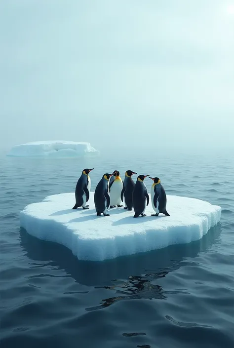 A group of penguins stand on a small piece of ice in the middle of the ocean, as if they were lost.