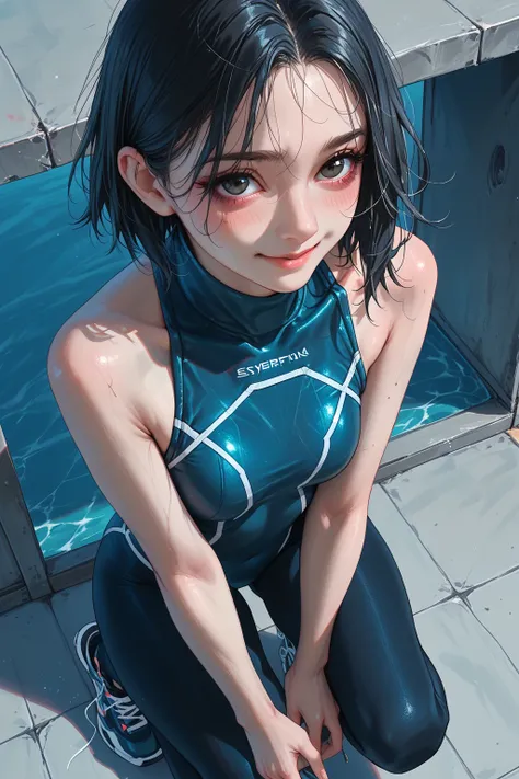 Girl with a close-up chest from above, , black hair, short bob, black eyes, smile blush, blue high neck swimsuit, tights, sneakers, cyberpunk