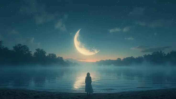 "A serene and hopeful night scene inspired by the song 'The Fading Moon’s Vow.' The setting features a softly glowing crescent moon, gently illuminating a tranquil lake with its reflection shimmering on the water. Wisps of mist float above the surface, add...