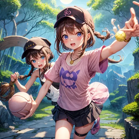  pink brown brown hair、  blue eyes、  Has hair tied  、Two cute people、  check mini skirt、  black t-shirt、 Light clothing、  tank top、  camisole、 high socks、 Boots、Teeth are visible、The stone is cracked、  The Road Is Crooked 、Mountain々、fog、 moon、  shooting st...