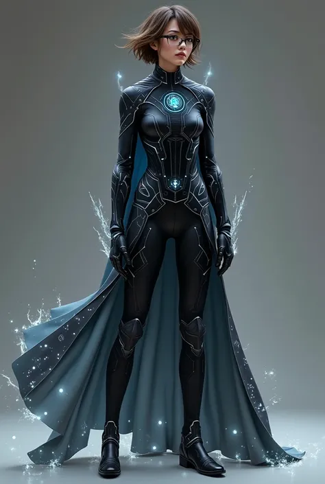 Design a futuristic, sci-fi fantasy hero costume without a cape for a character named Zenith. She has short brown hair with blonde highlights, light skin, and wears sleek, high-tech glasses. The costume should blend science-fiction and fantasy elements, wi...