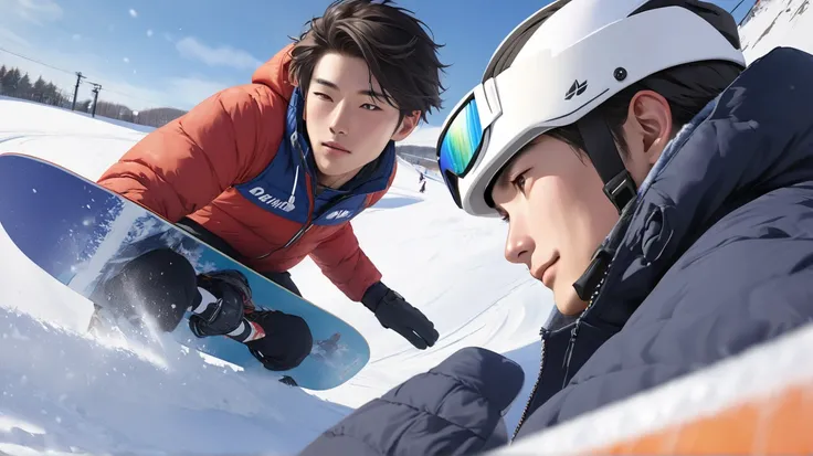 (Photorealism:1.2),   2 handsome japanese men, 20-29 year-old, Hokkaido, winter, playing snowboard, close up