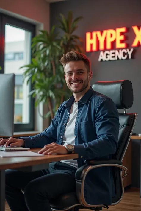 A photorealistic caucasian sales employee wearing a casual clothes sits on a chair behind his desk and his cell has a wall that says Hype X Agency. the company is associated with hiring girls for webcam work, the employer must look so that he is trusted.