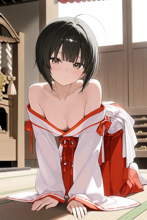  black hair　 short bob hair　shrine　Shrine maiden costume　Defecation　　 is on all fours　 they're turning their faces at me　scat play