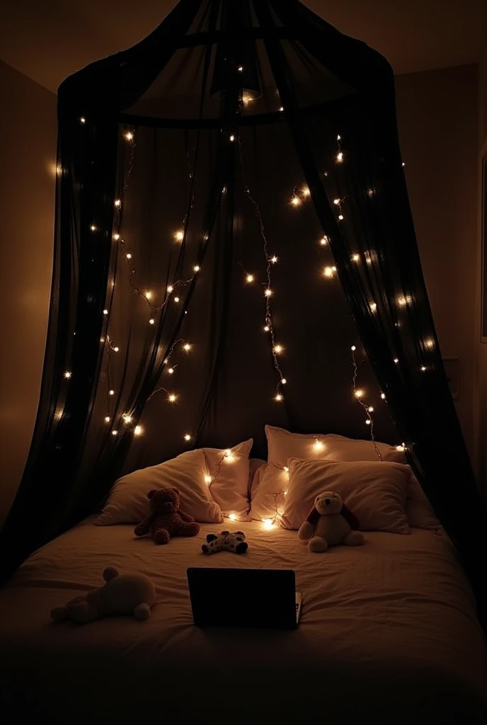 This image depicts a cozy and whimsical bedroom space, featuring a unique canopy bed draped with sheer black fabric adorned with twinkling fairy lights and star-shaped cutouts, creating a magical and intimate atmosphere. The warm glow from the lights contr...