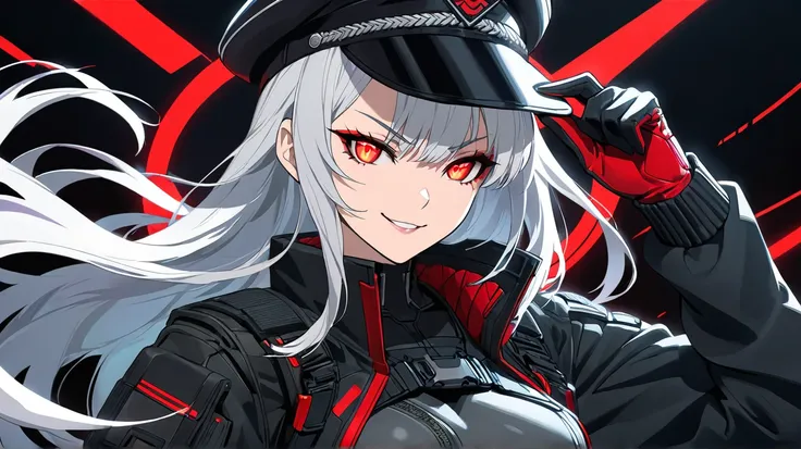 "A cyberpunk-style female warrior with silver hair and glowing red eyes, wearing a black military cap and dark tactical gloves. Her gaze is intense, and she smirks slightly as she adjusts her cap. The background is a dramatic red and black, enhancing the d...