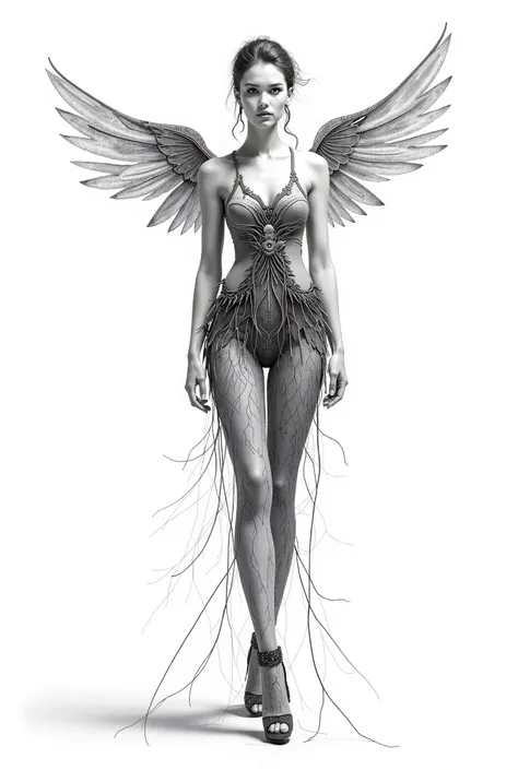 Create an outfit for a fashion show with the following Theme  and inspiration pencil drawing style as a sketch of a fashion outfit design:

Theme : Roots and Wings Inspiration :  This concept explores the duality between the roots that hold us to the groun...