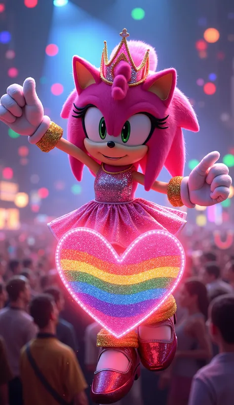 "Amy Rose, the passionate pink hedgehog from the Sonic universe, shines as the disco queen of the LGBTQ+ celebration, dazzling in a sequined dress that sparkles like a thousand stars. She twirls a glowing pride ribbon, dancing atop a massive float shaped l...