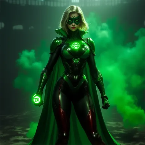 - Beautiful "Canadian" woman, Short yellowish blonde hair, wearing an eye mask. Eyes glow Green.
Wearing a ring (Green Lantern) glowing green

- Wearing a costume ("Full Sexy Armor"), a costume that embodies the form of "alan sccot-DC Comics", (Open chest ...