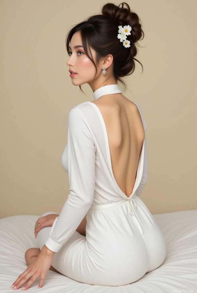  a painting of a young woman sitting on a bed, with her back to the viewer. she is wearing a white dress with a high neckline and long sleeves, and her hair is styled in an updo with a flower in her hair. the woman is sitting with her legs crossed and her ...