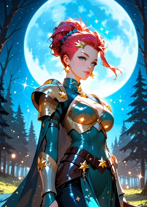 Girl Dressed in Heavy Armor with Patterns, ideal figure, Sweet Look, Beautiful Hair the Color of the Azure Sky Sparkles Like Star Dust, in armor, Держит в руке Меч Большой sparkles с Узорами, Game of Shadows, Forest Lights Background, Mysticism, magic, spa...