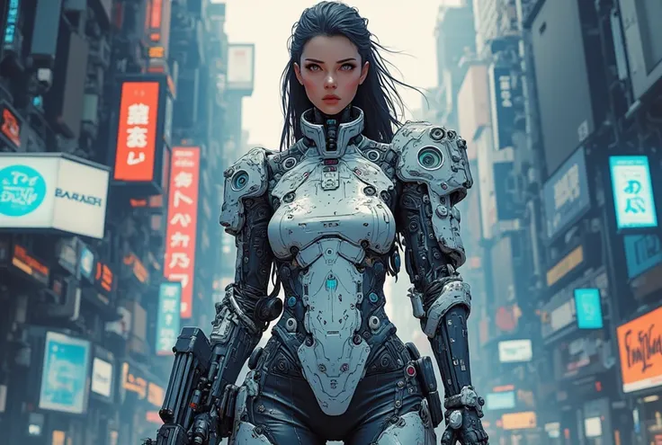 A woman armed with an elegant cyberpunk outfit with intricate designs.  The background creates a futuristic world atmosphere typical of sci-fi and cyberpunk genres.  This design depicts a future theme with elements of advanced technology and science fictio...