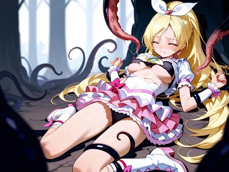 cure rhythm, bra, panty shot,  full body,  defeat, close eyes, torn clothes, tentacles lick  boobs, dress, shy, cry