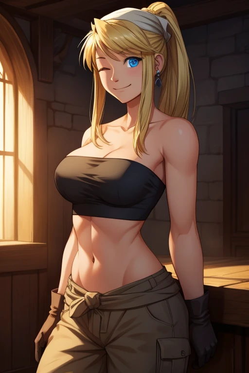 winryrockbell, winry rockbell, blue eyes, blonde hair, BREAK gloves, navel, cleavage, bare shoulders, collarbone, earrings, midriff, pants, stomach, bare arms, strapless, bandana, bandeau, tube top, grey gloves,BREAK smiling, teeth, one eye closed BREAK ho...