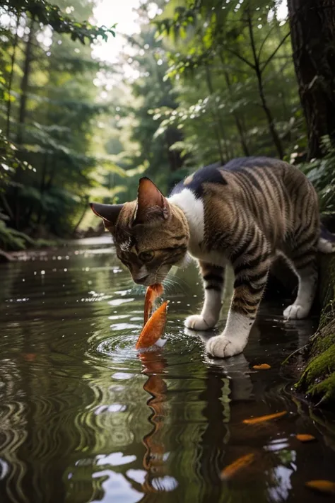 Create a scene of a cat chopping fish in clear water inside a cool forest