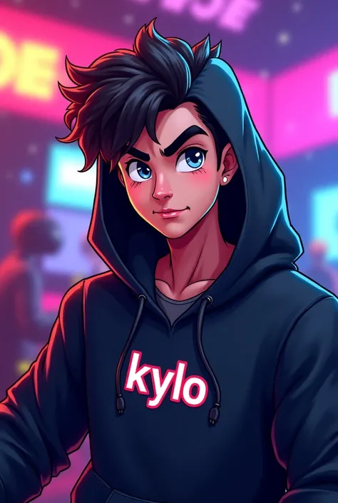 Generate a 2D cartoon image of a male e-sports player with a black hood showing the Kylo logo on his chest