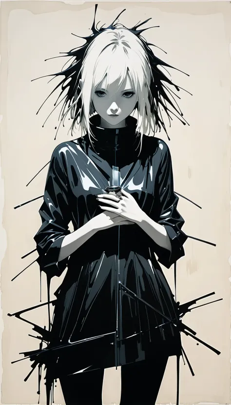 [in style of ashley wood],[in style of Hans Hartung],in style of Chris Friel
(1girl,character conceptual design,half body),gravure_pose,ring composition,inkjet,polypropylene pigments