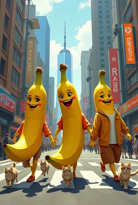 3 differently colored bananas in the form of a person are walking around the city and are attacked by 3 kittens  