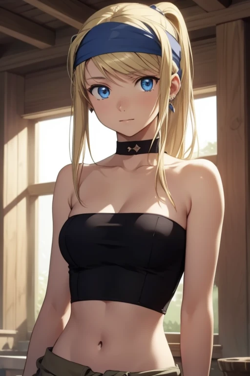 winryrockbell, winry rockbell, blue eyes, blonde hair, BREAK gloves, navel, cleavage, bare shoulders, collarbone, earrings, midriff, pants, stomach, bare arms, strapless, bandana, bandeau, tube top, grey gloves, BREAK indoors, BREAK looking at viewer, BREA...