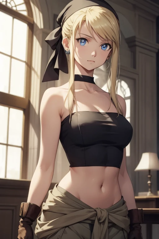 winryrockbell, winry rockbell, blue eyes, blonde hair, BREAK gloves, navel, cleavage, bare shoulders, collarbone, earrings, midriff, pants, stomach, bare arms, strapless, bandana, bandeau, tube top, grey gloves, BREAK indoors, BREAK looking at viewer, BREA...