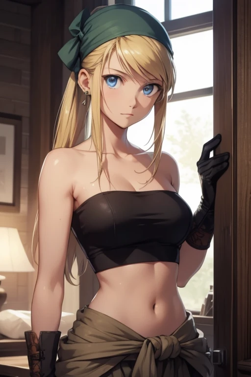 winryrockbell, winry rockbell, blue eyes, blonde hair, BREAK gloves, navel, cleavage, bare shoulders, collarbone, earrings, midriff, pants, stomach, bare arms, strapless, bandana, bandeau, tube top, grey gloves, BREAK indoors, BREAK looking at viewer, BREA...