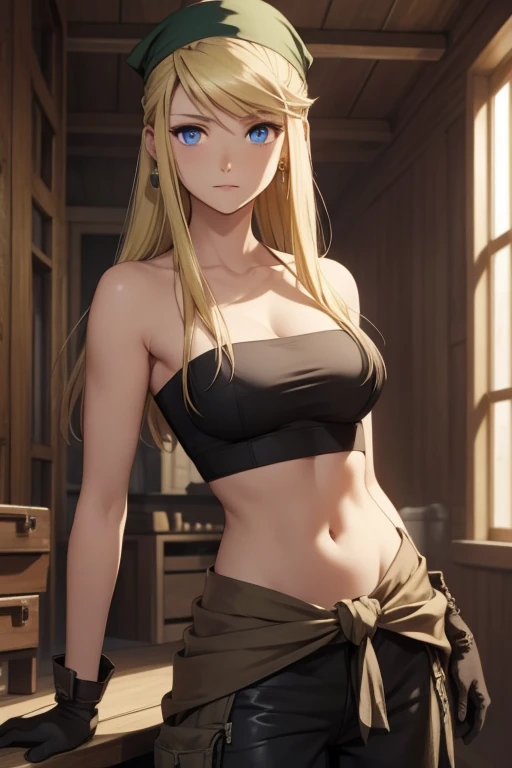 winryrockbell, winry rockbell, blue eyes, blonde hair, BREAK gloves, navel, cleavage, bare shoulders, collarbone, earrings, midriff, pants, stomach, bare arms, strapless, bandana, bandeau, tube top, grey gloves, BREAK indoors, BREAK looking at viewer, BREA...