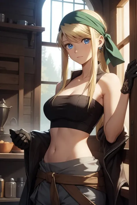 winryrockbell, winry rockbell, blue eyes, blonde hair, BREAK gloves, navel, cleavage, bare shoulders, collarbone, earrings, midriff, pants, stomach, bare arms, strapless, bandana, bandeau, tube top, grey gloves, BREAK indoors, BREAK looking at viewer, BREA...