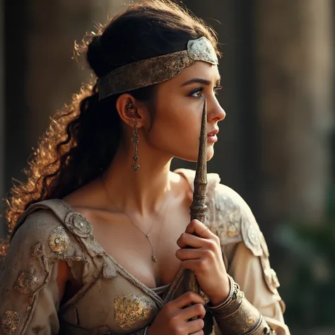 A beautiful woman is dressed in ancient Israeli bronze armor and holds a spear in her hand, high detail of the shape, cinematic style