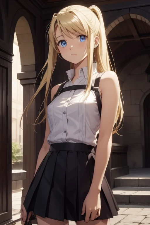 Winry Rockbell, Winry Rockbell, eBlue eyes, Blonde hair, BREAK BREAK BREAK long hair, a skirt, The shirt, jewely, white The shirt, pleated a skirt, 耳Nipple Ring, Sleeveless, blue a skirt, of arms, Sleeveless The shirt, BREAK BREAK BREAK indoors, BREAK BREA...