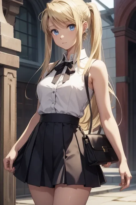 Winry Rockbell, Winry Rockbell, eBlue eyes, Blonde hair, BREAK BREAK BREAK long hair, a skirt, The shirt, jewely, white The shirt, pleated a skirt, 耳Nipple Ring, Sleeveless, blue a skirt, of arms, Sleeveless The shirt, BREAK BREAK BREAK indoors, BREAK BREA...