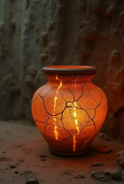 A clay jar at the left side with cracks on it and light coming out of the cracks 