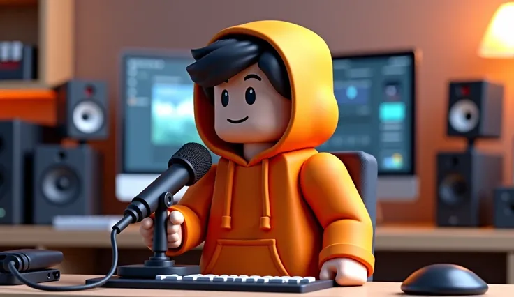 Ek Minecraft avtar orange hoddie pahan rakhi hai aour pahnane wala mic pahan rakha hai aour background is like creator