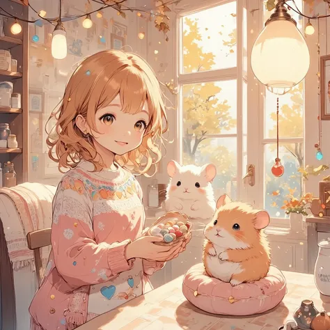 In a cozy, sunlit room where streams of golden light dance upon the walls, create an image of a young girl sharing a moment of joyful companionship with her beloved hamster. (The girl should be depicted with wavy auburn hair, reflecting the warmth of autum...