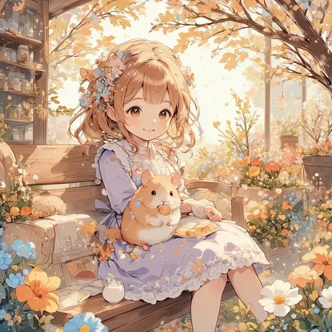 Picture a serene outdoor garden scene during the early blush of spring, infused with a sense of tranquility and warmth. In the midst of blossoming flowers, a girl and her faithful hamster find solace in each other's company. (The girl, with chestnut tresse...