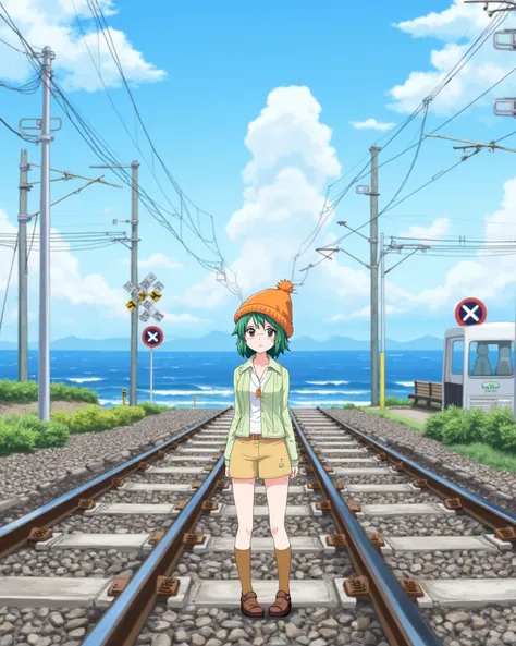 A green-haired anime girl 

A green-haired anime girl with glasses and an orange beanie stands at the intersection of Japanese railway tracks. In front of her is a train crossing guard, and behind it, you can see the sea. 