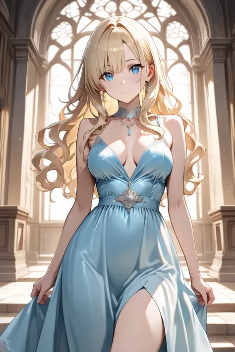 (masterpiece:1.2), (best quality:1.2), (very aesthetic:1.2), (absurdres:1.2), (detailed background:1.1), newest, ai-generated, safe, evening dress, medium breasts, blonde hair,blue eyes,long hair,short wavy hair,look at viewer,standing, illustration, extre...