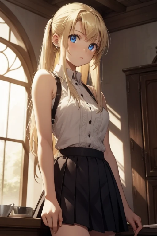 Winry Rockbell, Winry Rockbell, eBlue eyes, Blonde hair, BREAK BREAK BREAK long hair, a skirt, The shirt, jewely, white The shirt, pleated a skirt, 耳Nipple Ring, Sleeveless, blue a skirt, of arms, Sleeveless The shirt, BREAK BREAK BREAK indoors, BREAK BREA...