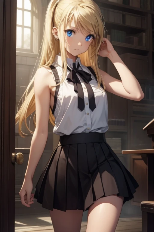 Winry Rockbell, Winry Rockbell, eBlue eyes, Blonde hair, BREAK BREAK BREAK long hair, a skirt, The shirt, jewely, white The shirt, pleated a skirt, 耳Nipple Ring, Sleeveless, blue a skirt, of arms, Sleeveless The shirt, BREAK BREAK BREAK indoors, BREAK BREA...