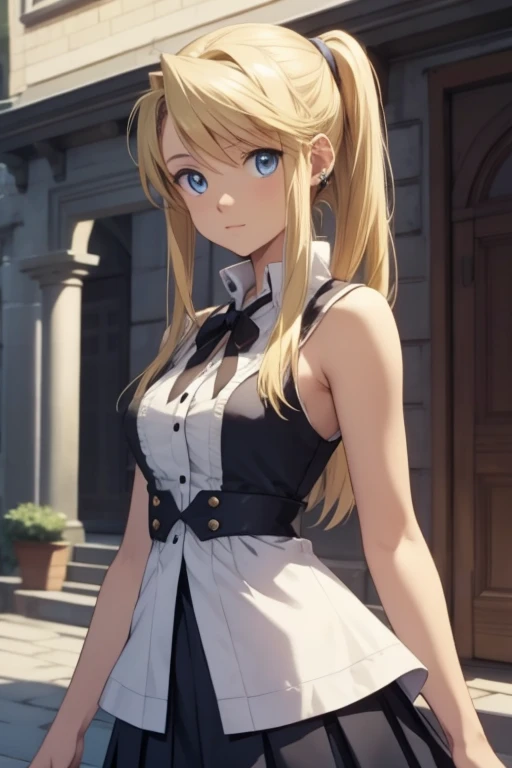 Winry Rockbell, Winry Rockbell, eBlue eyes, Blonde hair, BREAK BREAK BREAK long hair, a skirt, The shirt, jewely, white The shirt, pleated a skirt, 耳Nipple Ring, Sleeveless, blue a skirt, of arms, Sleeveless The shirt, BREAK BREAK BREAK indoors, BREAK BREA...